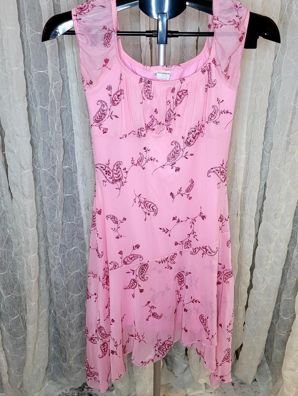 Finesse Rare Sample USA Vintage Pink Floral Glitter Mesh Milkmaid Dress Y2K 90s